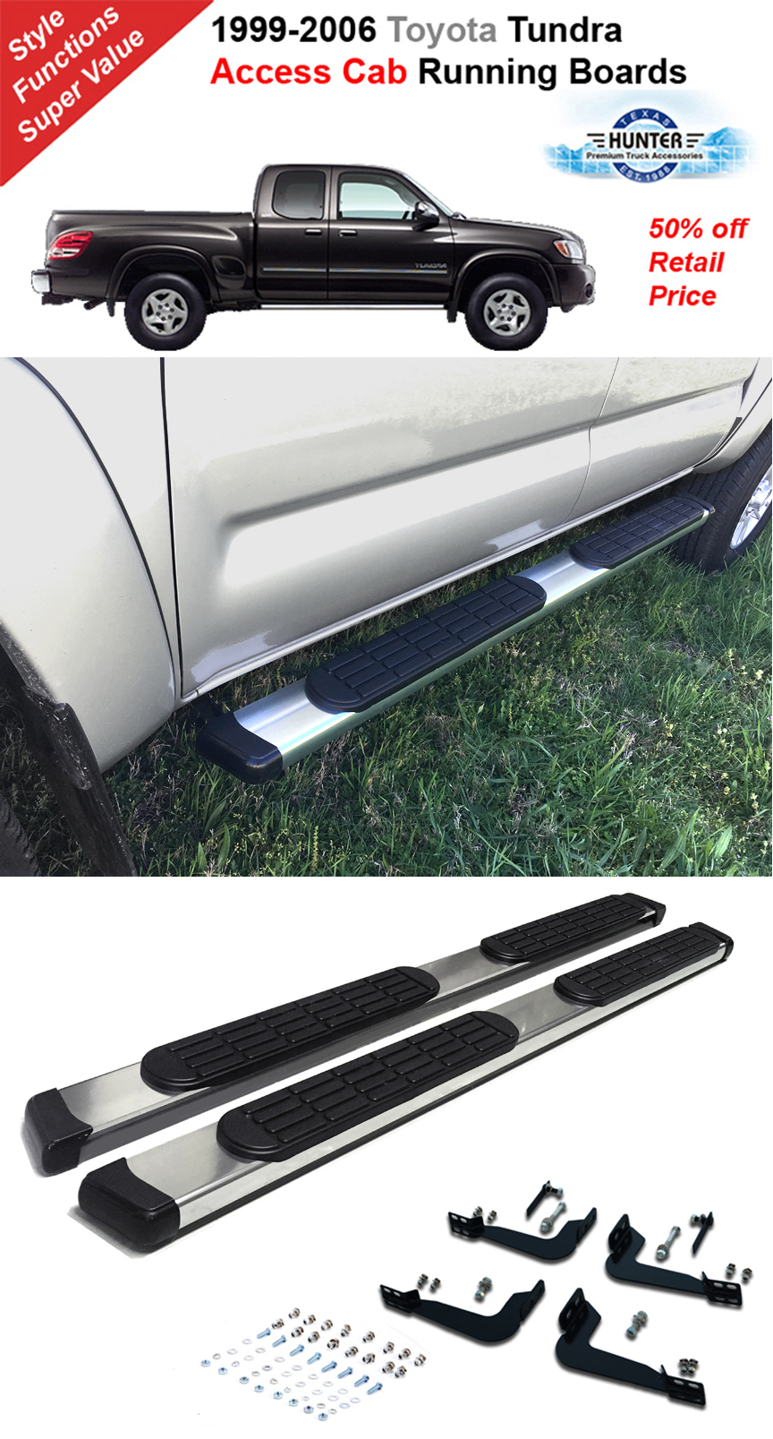 9906 Toyota Tundra Access Cab Safari Running Boards Nerf Bars Aluminum